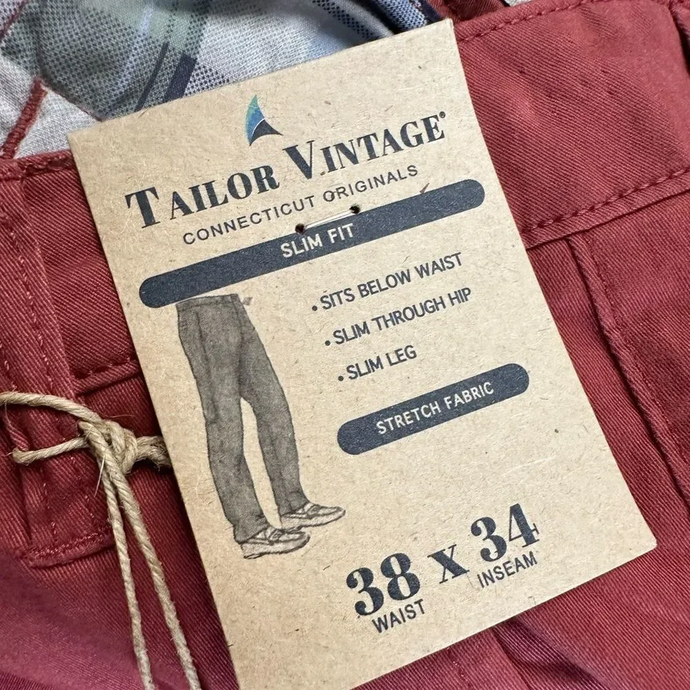 NWT Tailor Vintage Men’s Canyon Red Flat Front Casual Chino Pants - Size 38x34